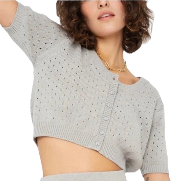 NEW Callahan Gray 2 Pc Set Cropped Knit Cardigan Sweater & Midi Skirt Cotton XS - Picture 2 of 10